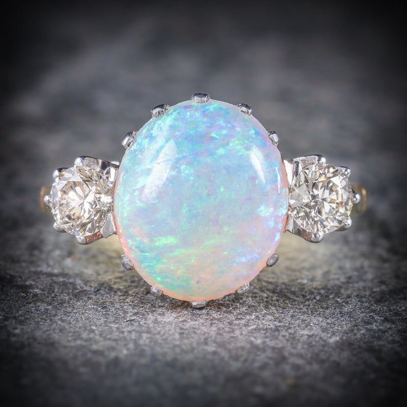 Antique Victorian Opal Diamond Ring 15ct Gold Natural Opal Circa 1900 FRONT