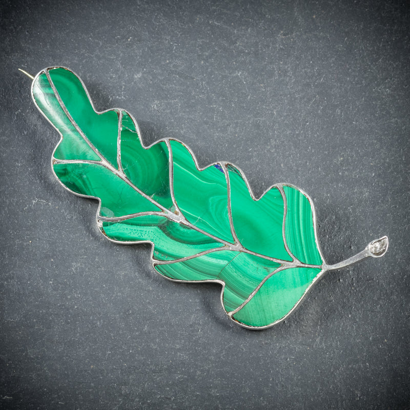 Antique Victorian Scottish Malachite Leaf Brooch Silver Circa 1900 front