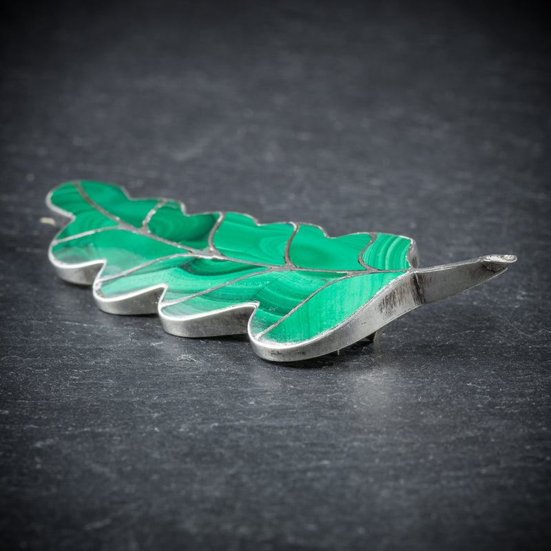 Antique Victorian Scottish Malachite Leaf Brooch Silver Circa 1900 side