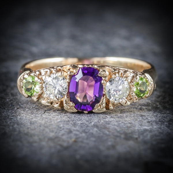 Antique Victorian Suffragette Ring Diamond Amethyst Peridot Circa 1900 FRONT