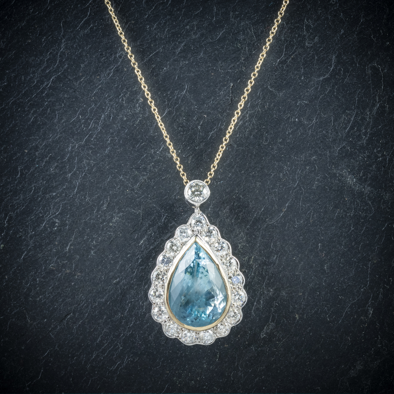 Aquamarine Diamond Pendant Necklace 18ct Gold Top View