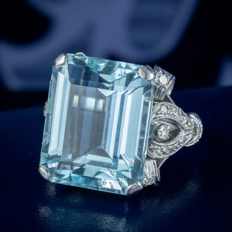 Art Deco Aquamarine Diamond Cocktail Ring 26ct Aqua