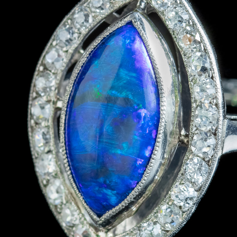 Art Deco Black Opal Diamond Navette Ring 4ct Opal 
