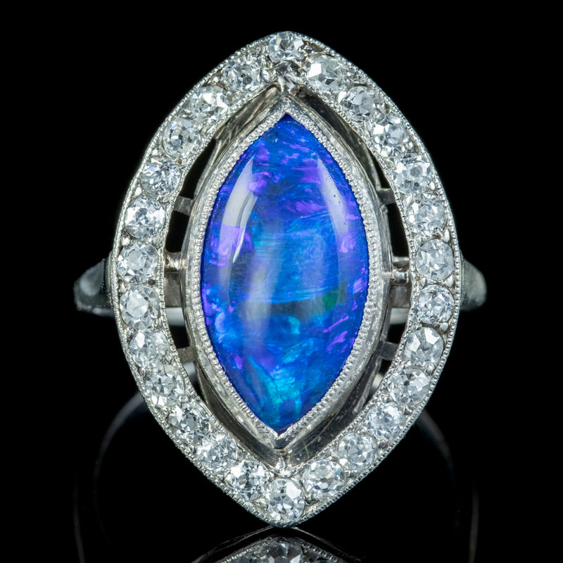 Art Deco Black Opal Diamond Navette Ring 4ct Opal 