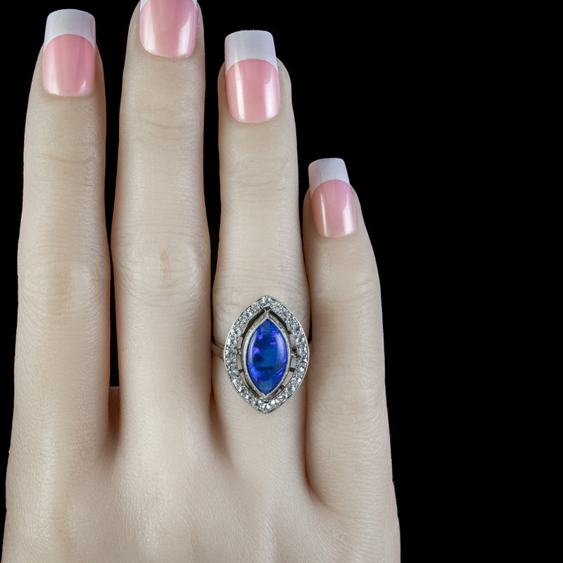 Art Deco Black Opal Diamond Navette Ring 4ct Opal 