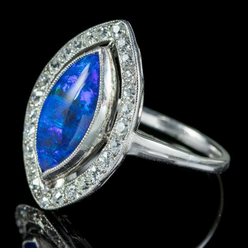 Art Deco Black Opal Diamond Navette Ring 4ct Opal 