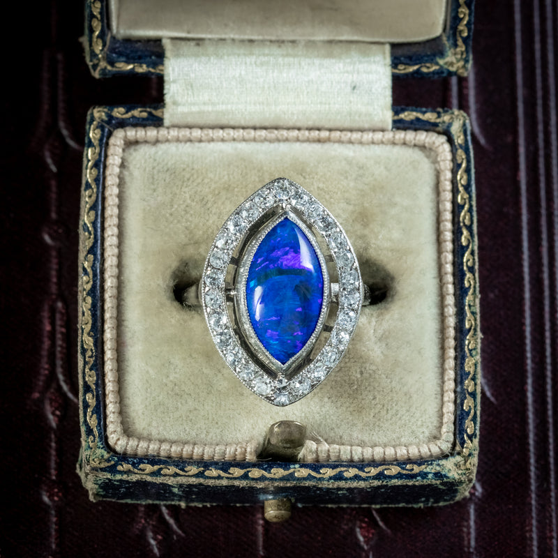 Art Deco Black Opal Diamond Navette Ring 4ct Opal 