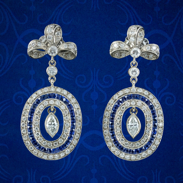 Art Deco French Sapphire Diamond Drop Earrings 3ct Of Diamond With Chaumet Box