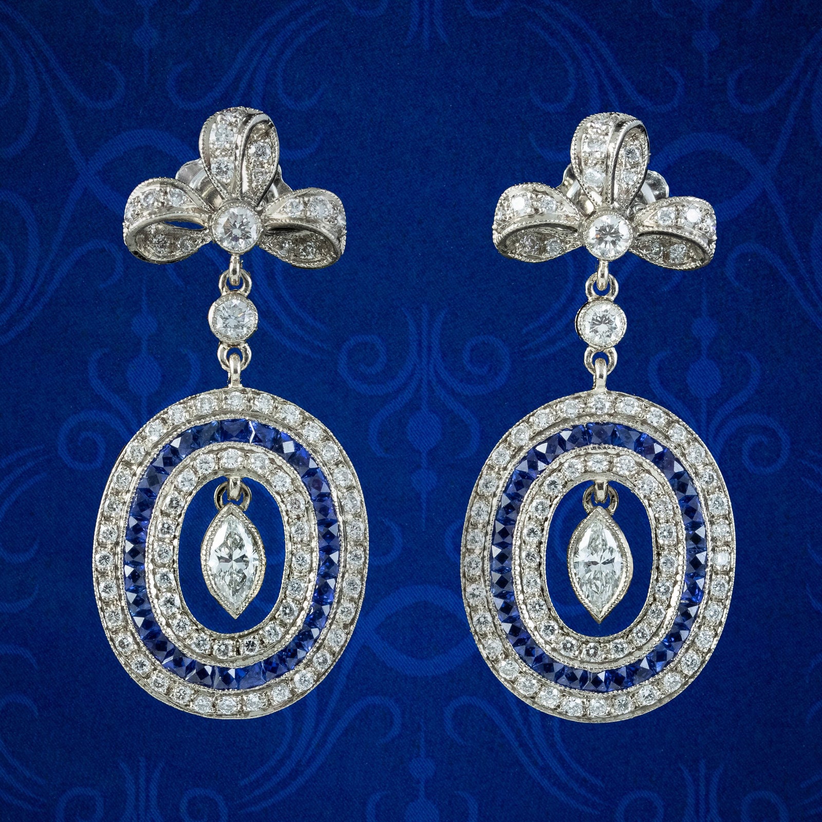 Art Deco French Sapphire Diamond Drop Earrings 3ct Of Diamond With