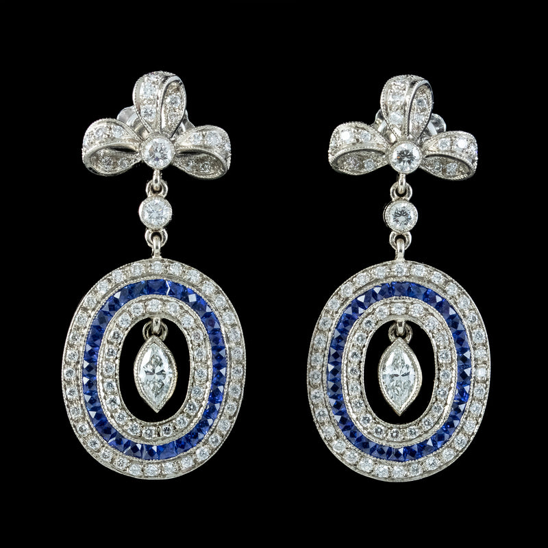 Art Deco French Sapphire Diamond Drop Earrings 3ct Of Diamond With Chaumet Box