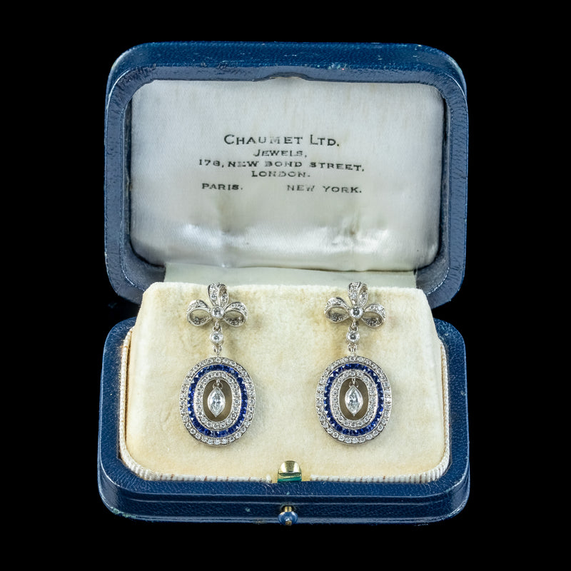 Art Deco French Sapphire Diamond Drop Earrings 3ct Of Diamond With Chaumet Box