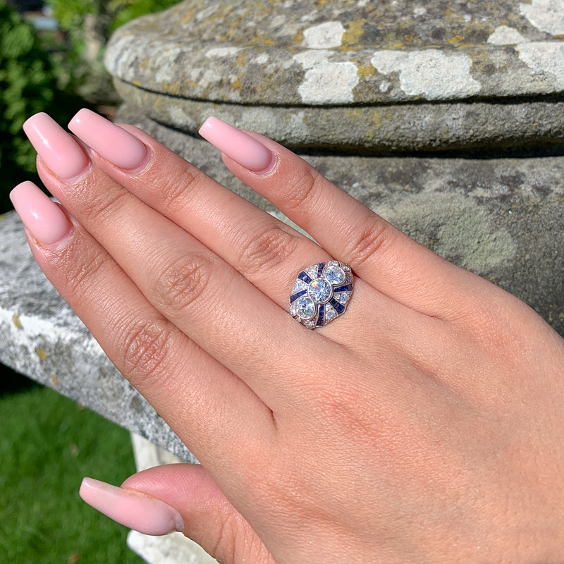 Art Deco Sapphire Diamond Cluster Ring 2ct Of Diamond