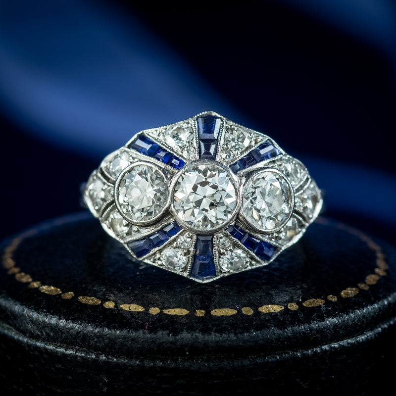 Art Deco Sapphire Diamond Cluster Ring 2ct Of Diamond