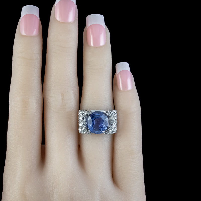 Art Deco Sapphire Diamond Cocktail Ring 6ct Sapphire With Cert