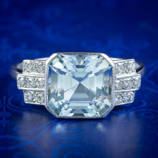 Art Deco Style Aquamarine Diamond Ring 3.5ct Aqua