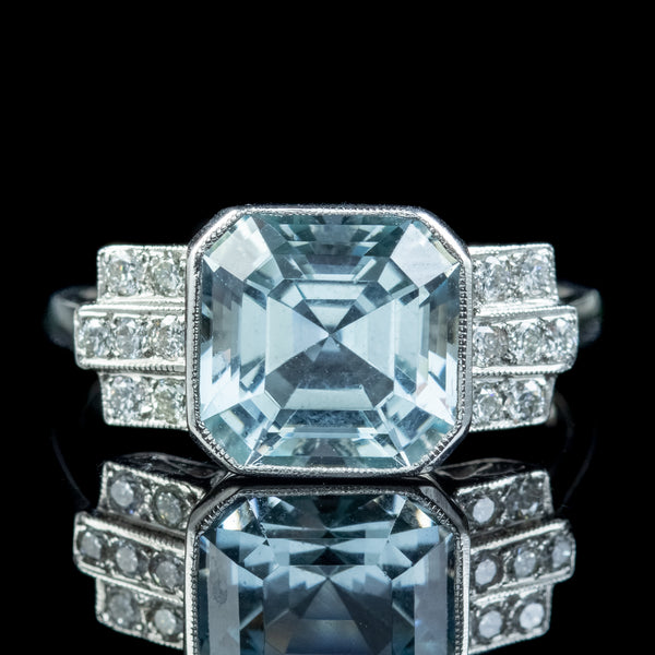 Art Deco Style Aquamarine Diamond Ring 3.5ct Aqua