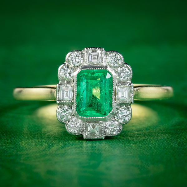 Art Deco Style Emerald Diamond Cluster Ring 0.70ct Emerald 