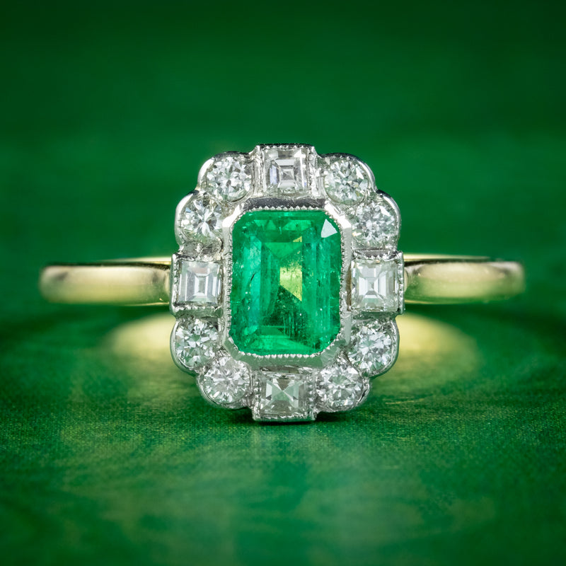 Art Deco Style Emerald Diamond Cluster Ring 0.70ct Emerald 