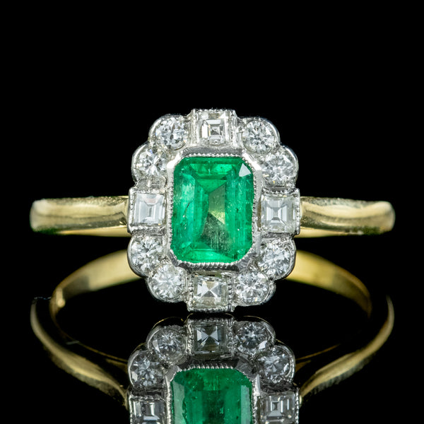 Art Deco Style Emerald Diamond Cluster Ring 0.70ct Emerald 