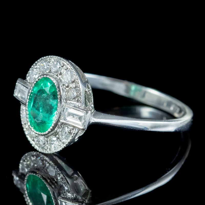 Art Deco Style Emerald Diamond Cluster Ring 0.80ct Emerald