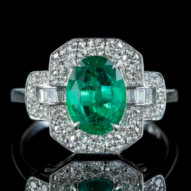 Art Deco Style Emerald Diamond Cluster Ring 1.80ct Emerald 