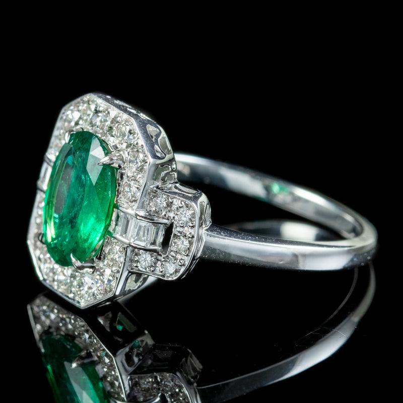 Art Deco Style Emerald Diamond Cluster Ring 1.80ct Emerald 