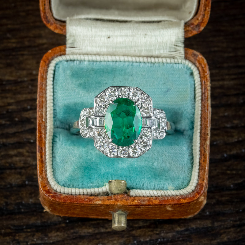 Art Deco Style Emerald Diamond Cluster Ring 1.80ct Emerald 