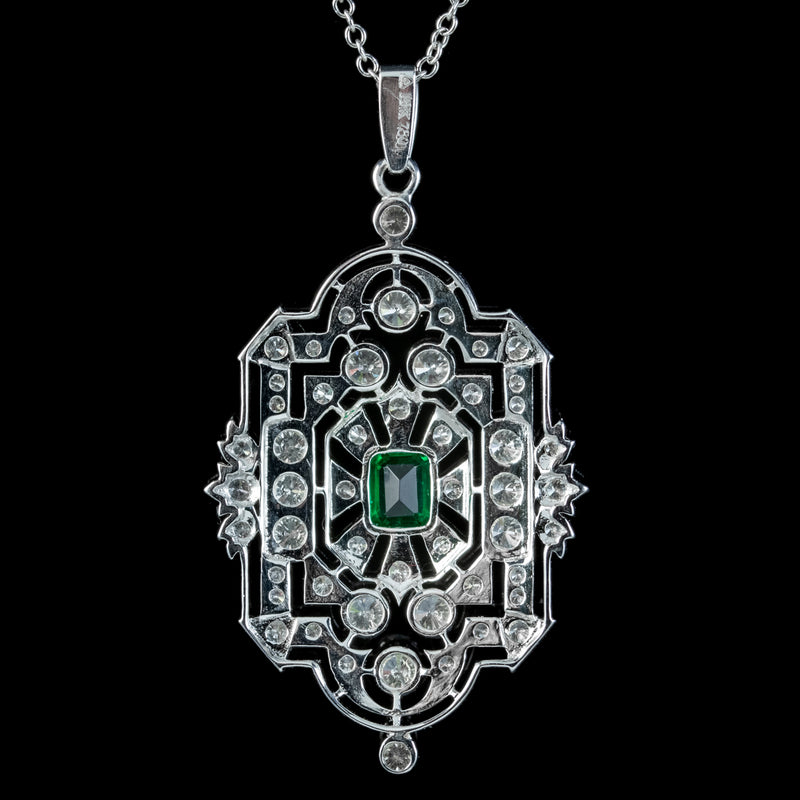 Art Deco Style Emerald Diamond Pendant Necklace 18ct Gold 4ct Of Diamond