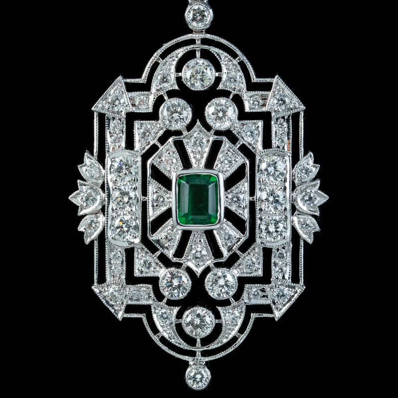 Art Deco Style Emerald Diamond Pendant Necklace 18ct Gold 4ct Of Diamond