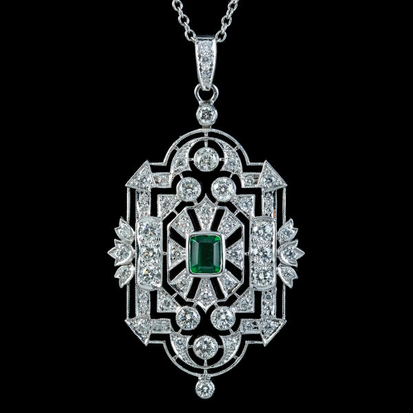 Art Deco Style Emerald Diamond Pendant Necklace 18ct Gold 4ct Of Diamond