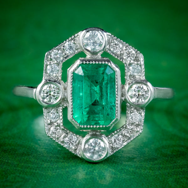 Art Deco Style Emerald Diamond Ring 1.20ct Emerald 