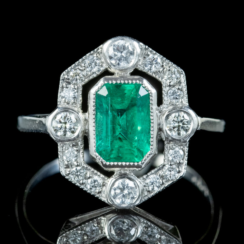 Art Deco Style Emerald Diamond Ring 1.20ct Emerald 