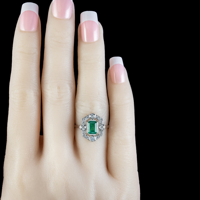 Art Deco Style Emerald Diamond Ring 1.20ct Emerald 