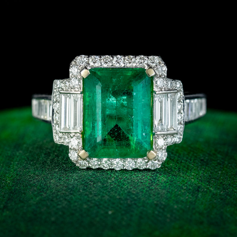 Art Deco Style Emerald Diamond Ring 3.5ct Emerald 