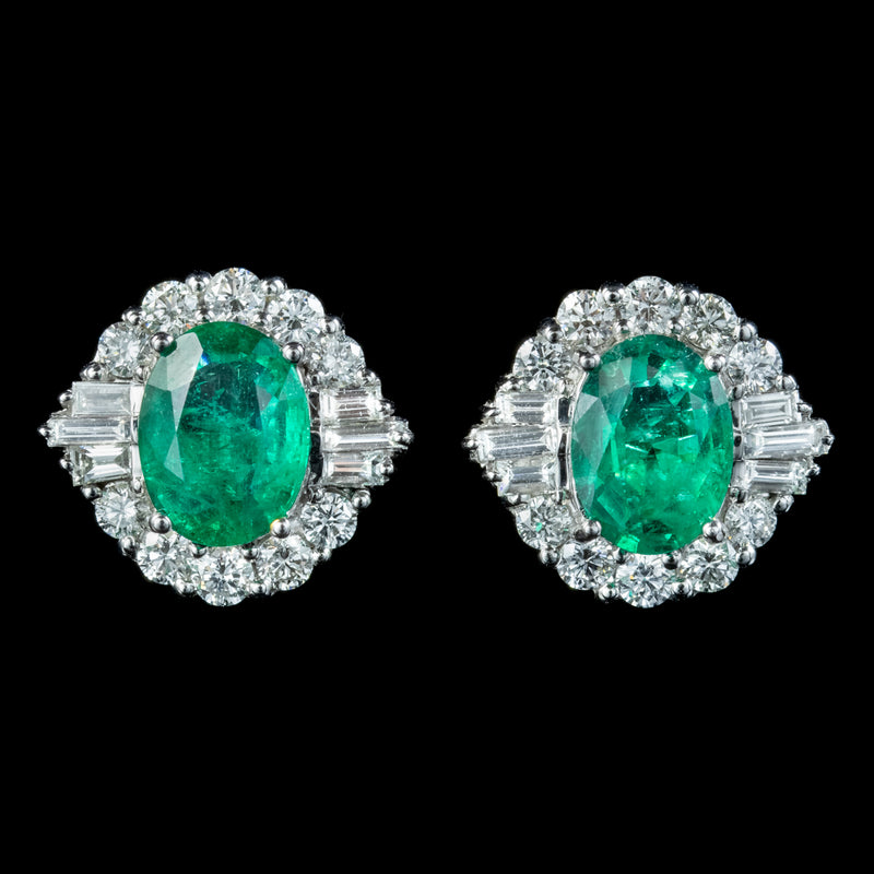 Art Deco Style Emerald Diamond Stud Earrings 18ct Gold