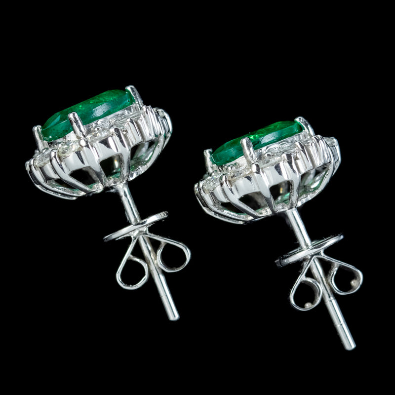 Art Deco Style Emerald Diamond Stud Earrings 18ct Gold