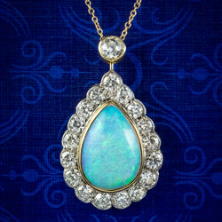 Art Deco Style Opal Diamond Pendant Necklace 18ct Gold 8ct Opal 