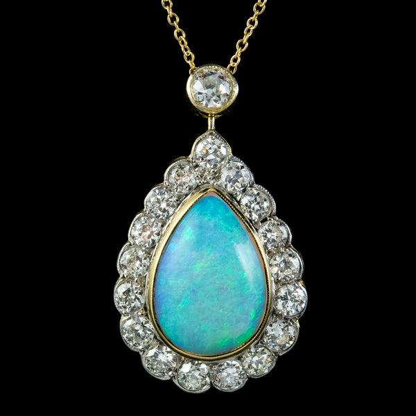 Art Deco Style Opal Diamond Pendant Necklace 18ct Gold 8ct Opal 