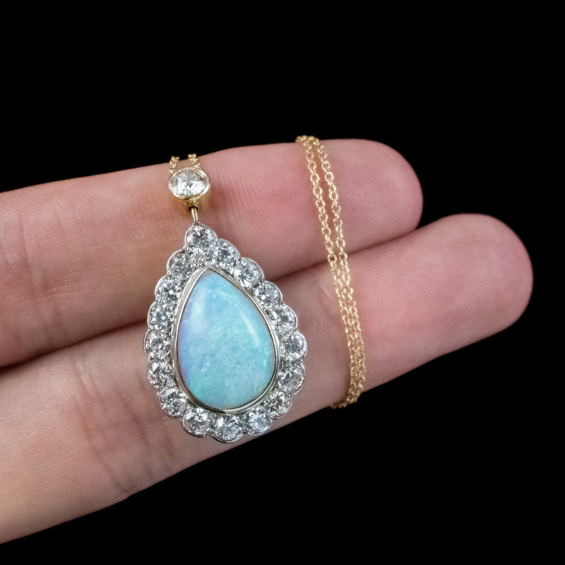 Art Deco Style Opal Diamond Pendant Necklace 18ct Gold 8ct Opal 