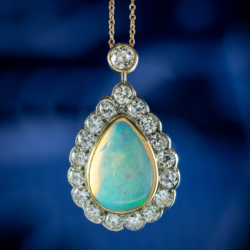 Art Deco Style Opal Diamond Pendant Necklace 18ct Gold 8ct Opal 