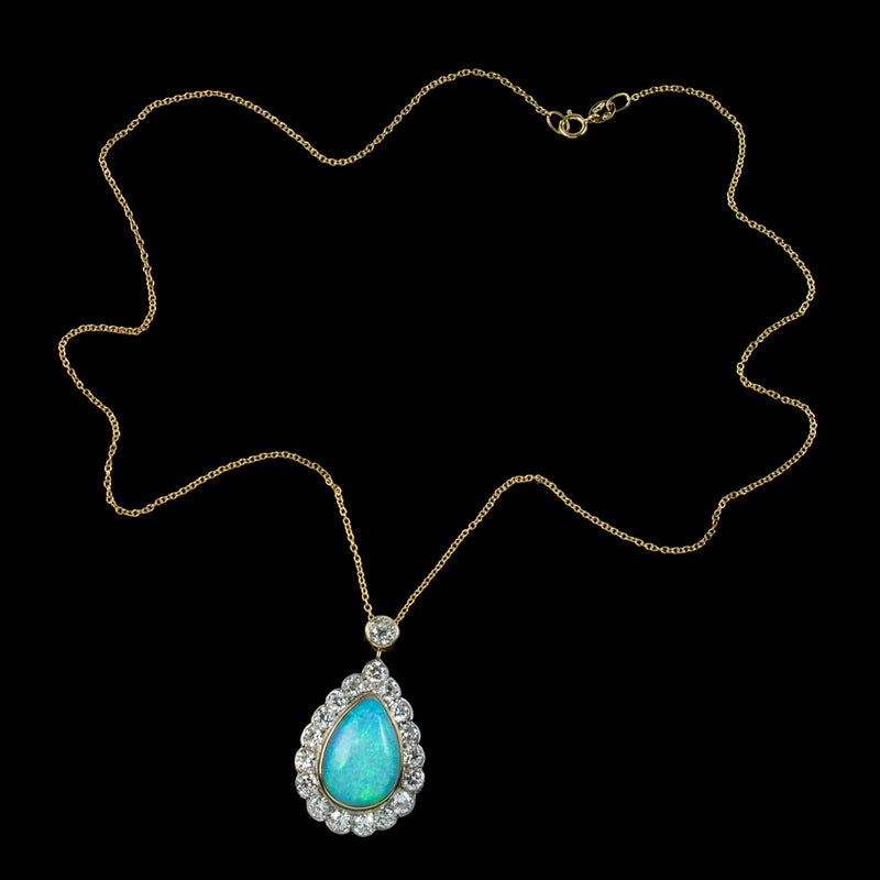 Art Deco Style Opal Diamond Pendant Necklace 18ct Gold 8ct Opal 