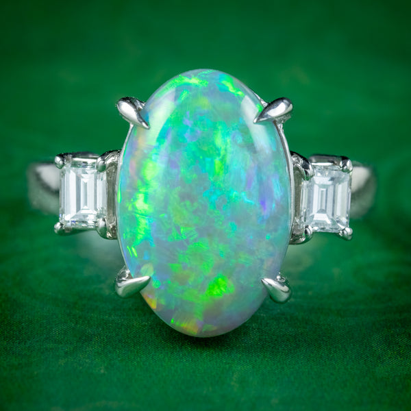Art Deco Style Opal Diamond Trilogy Ring 4.64ct Natural Opal 
