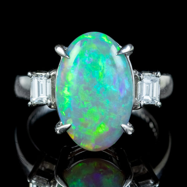 Art Deco Style Opal Diamond Trilogy Ring 4.64ct Natural Opal 