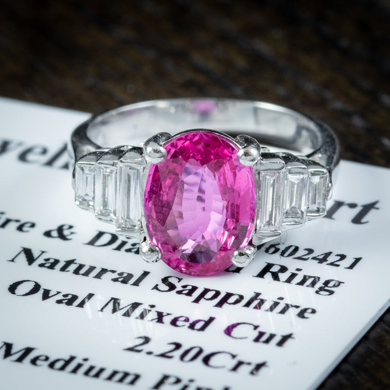 Art Deco Style Pink Sapphire Diamond Ring 2.20ct Sapphire With Cert