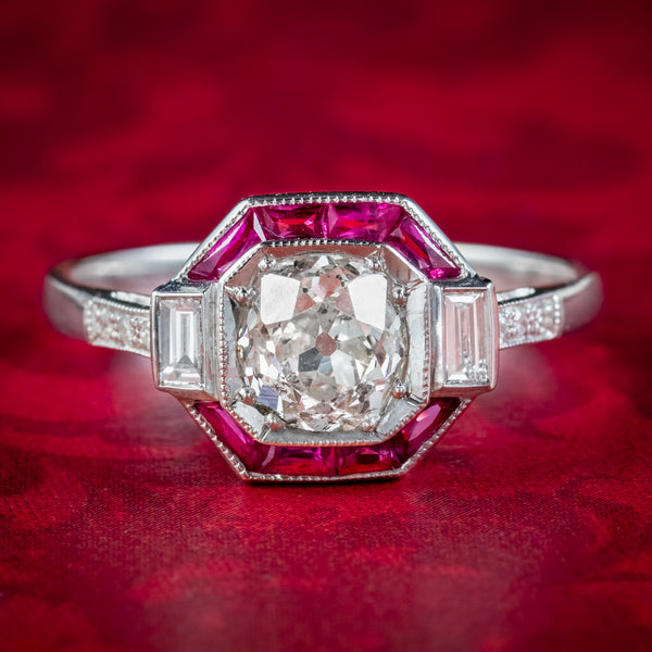 Art Deco Style Ruby Diamond Target Cluster Ring 1.20ct Of Diamond