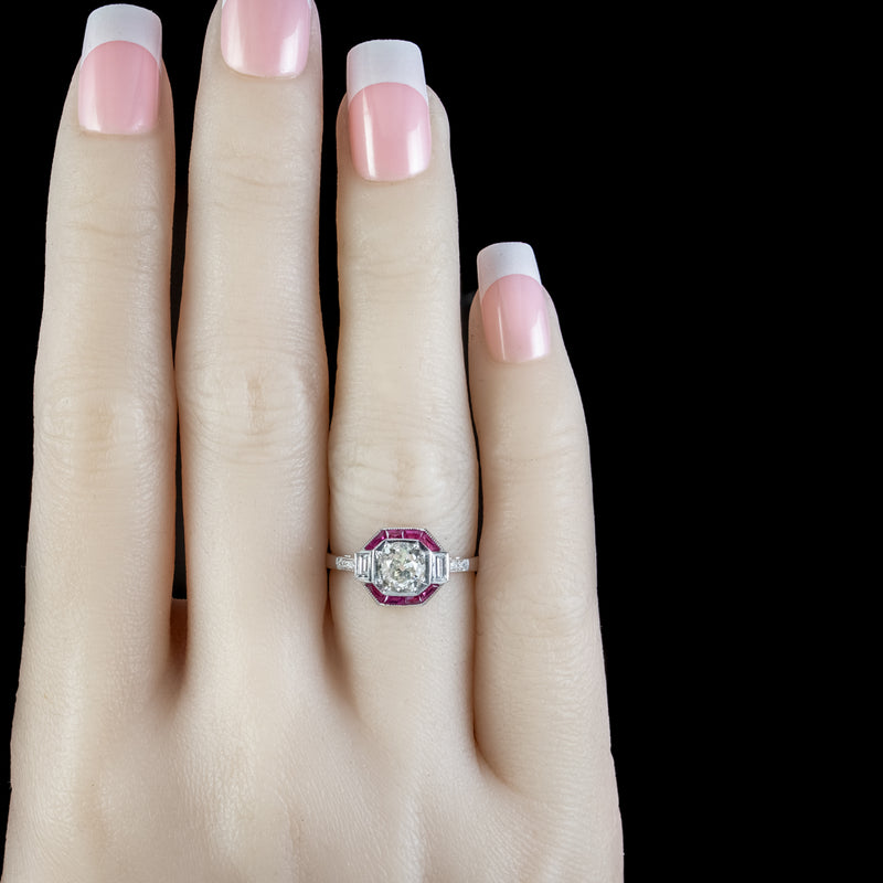 Art Deco Style Ruby Diamond Target Cluster Ring 1.20ct Of Diamond