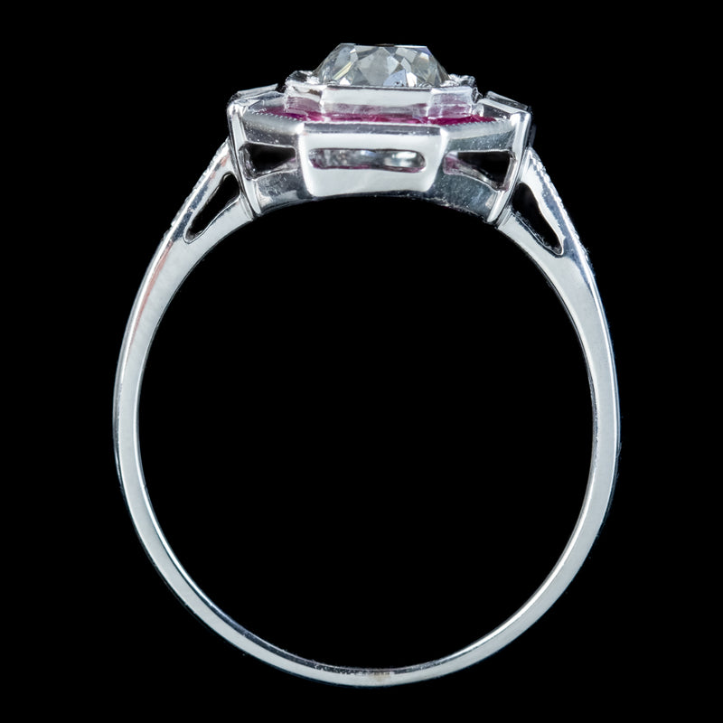 Art Deco Style Ruby Diamond Target Cluster Ring 1.20ct Of Diamond