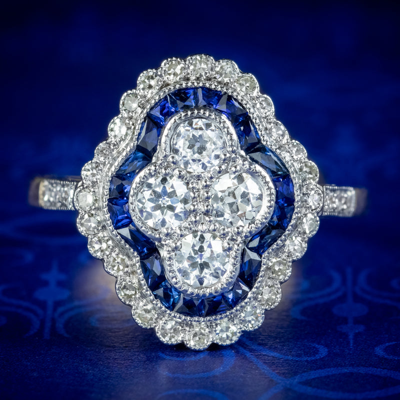 Art Deco Style Sapphire Diamond Cluster Ring 1.30ct Of Diamond