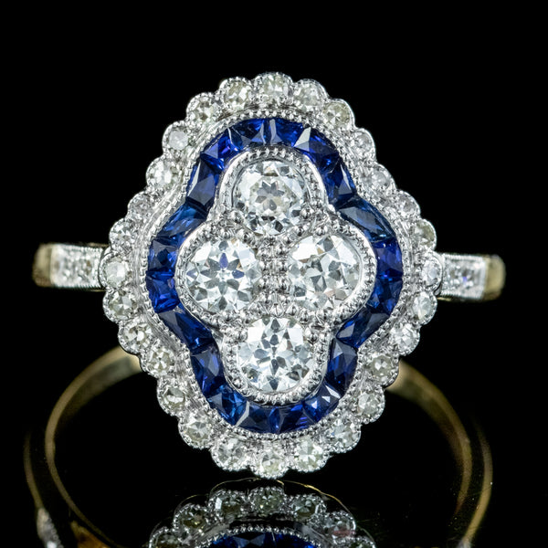 Art Deco Style Sapphire Diamond Cluster Ring 1.30ct Of Diamond