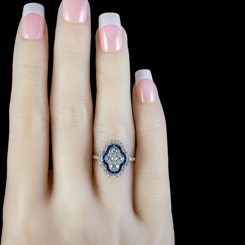 Art Deco Style Sapphire Diamond Cluster Ring 1.30ct Of Diamond